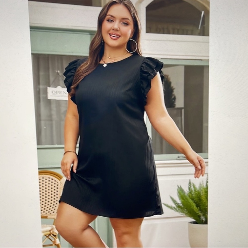 Black Ruffled Sleeve Ribbed Textured Shift Mini Dress Plus Size 1X